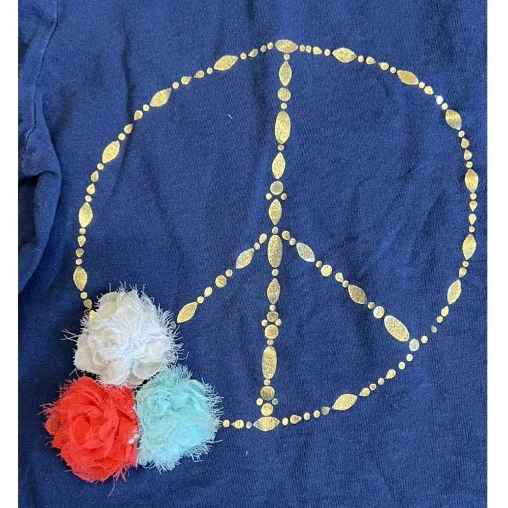 Crazy 8 Navy Blue Peace‎ Sign Long Sleeve T Shirt Pom Poms Girls Size S (5-6)